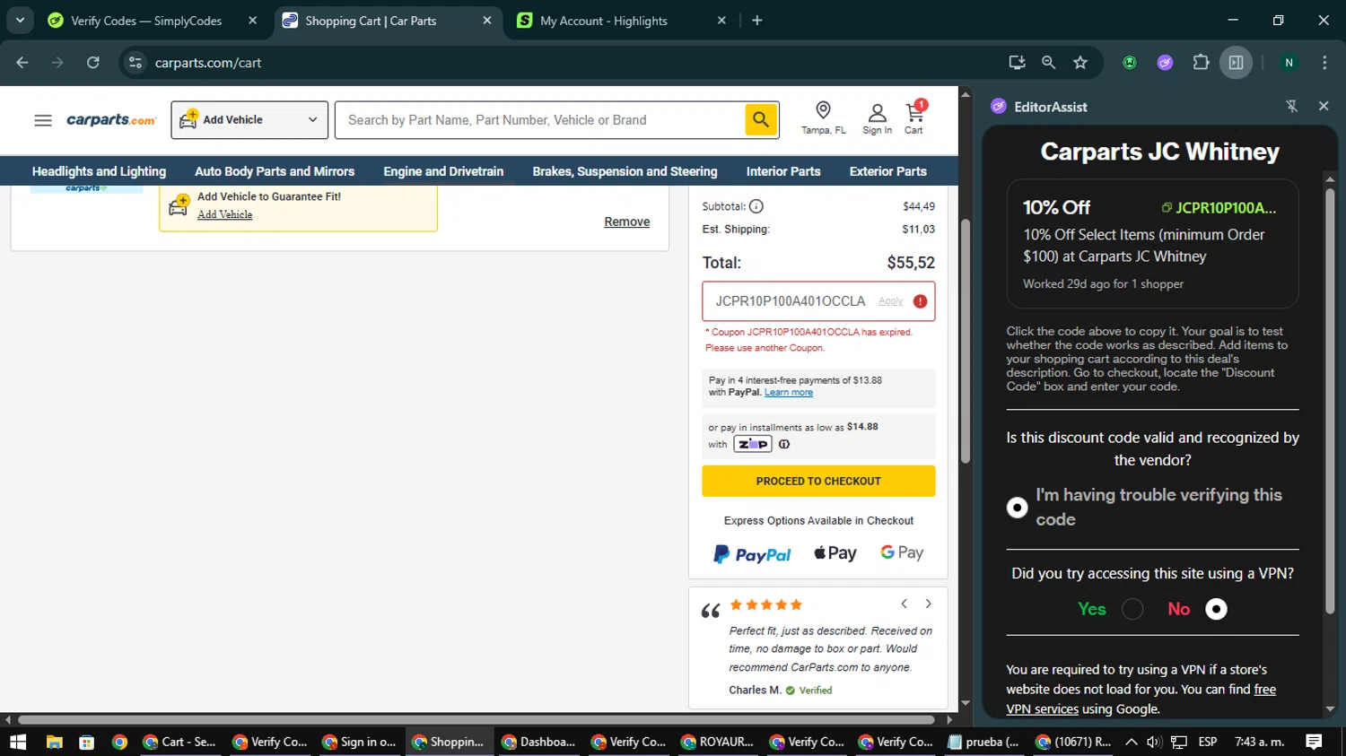 Carparts JC Whitney promo code screenshot showing code JCPR10P100A401OCCLA applied at Carparts JC Whitney checkout page. Uploaded by SimplyCodes community member nataaokiiii on Nov 13, 2025
