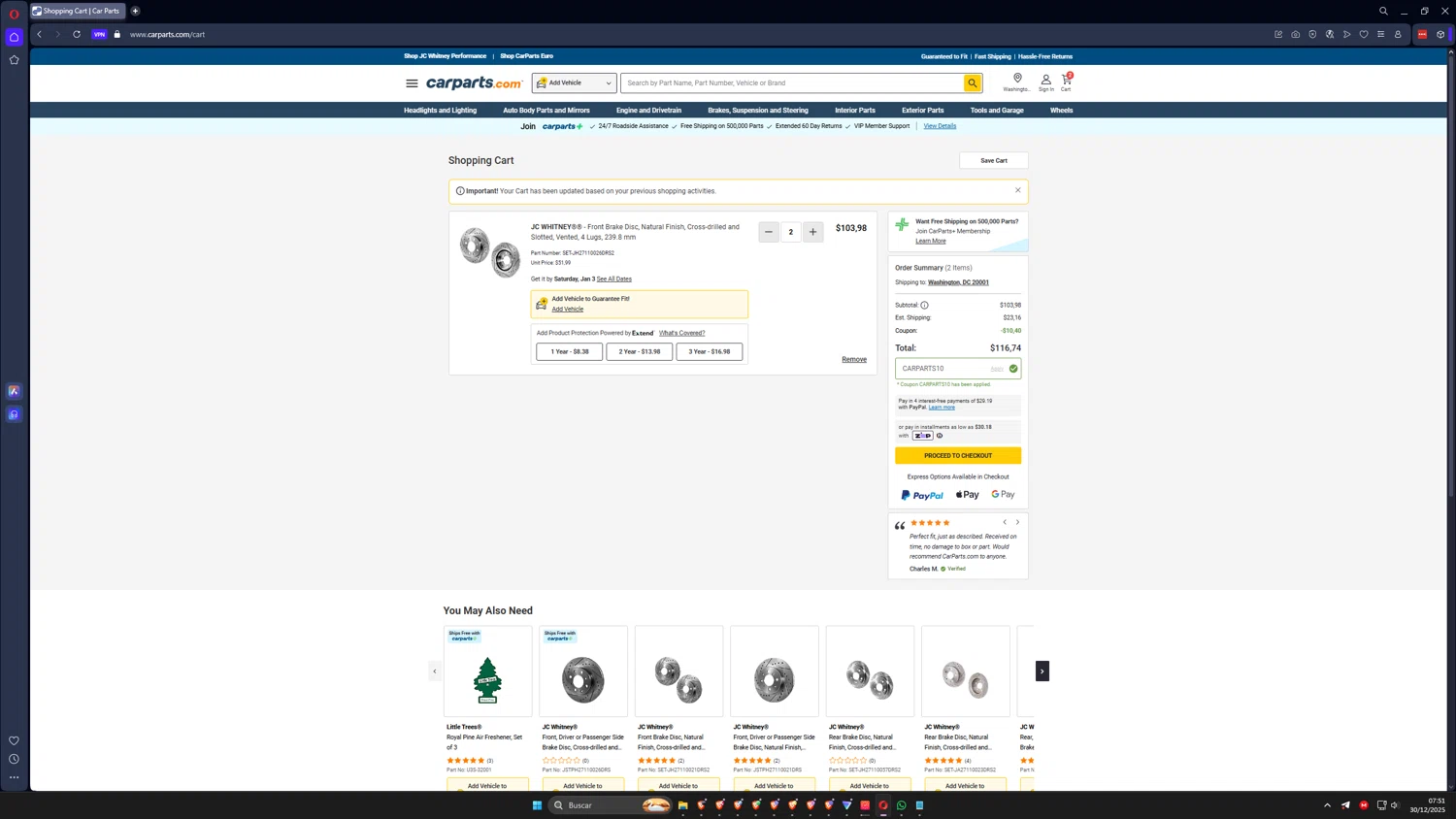 Carparts JC Whitney promo code screenshot showing code CARPARTS10 applied at Carparts JC Whitney checkout page. Uploaded by SimplyCodes community member ilarrazaM3 on Dec 30, 2025
