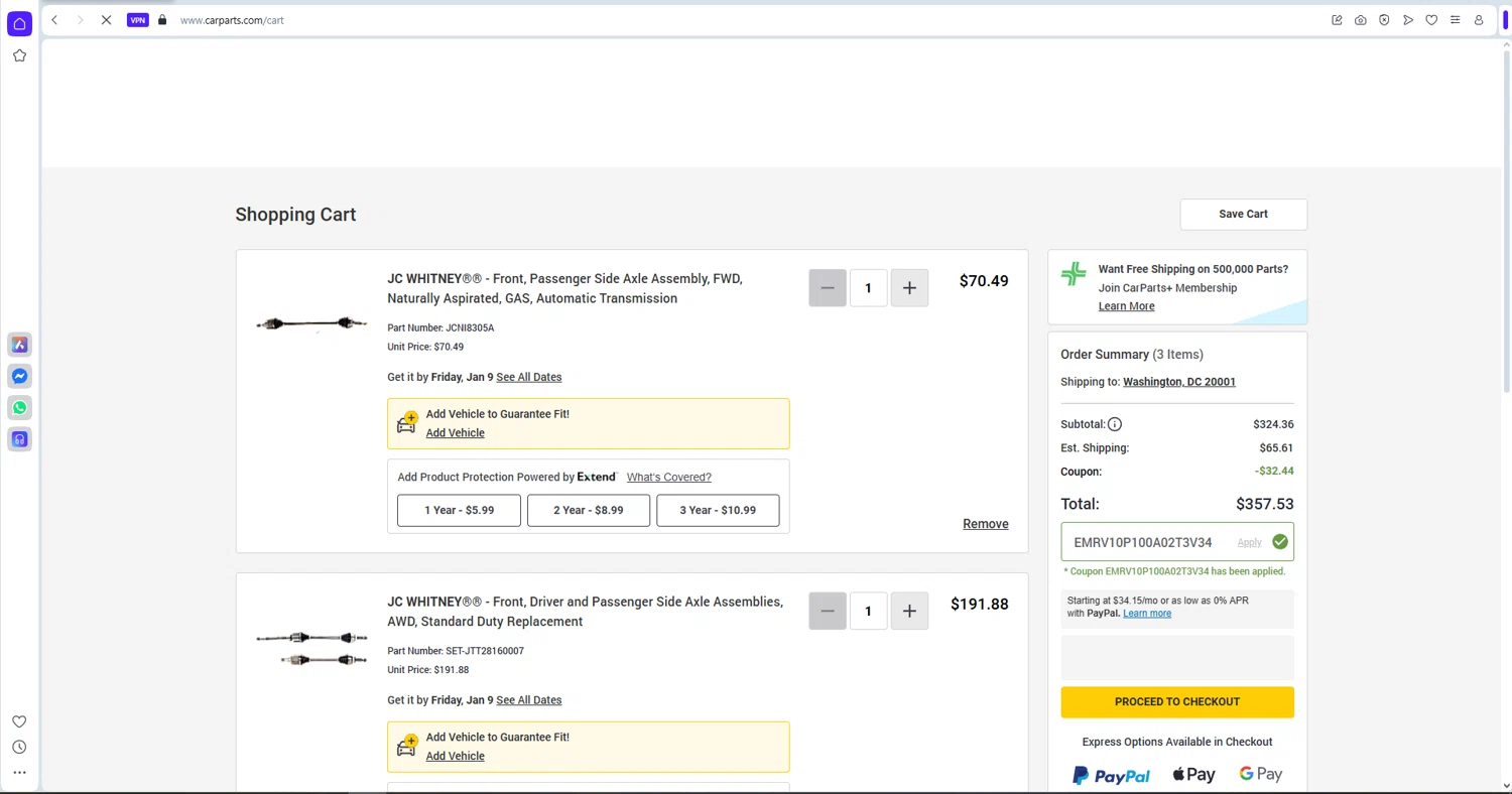Carparts JC Whitney checkout page showing Carparts JC Whitney promo code box | Screenshot taken by SimplyCodes community member on Jan 4, 2026