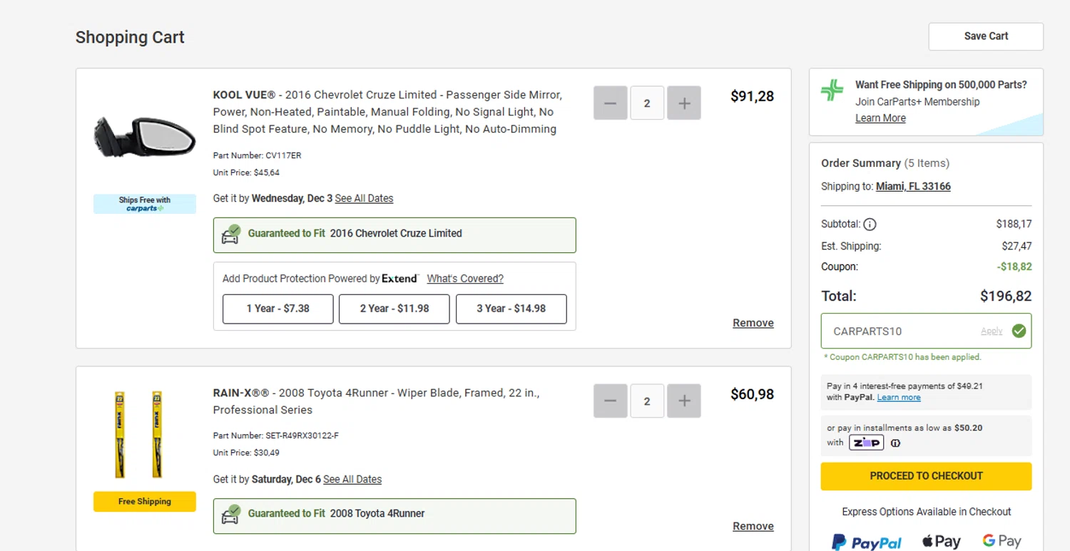 Carparts JC Whitney promo code screenshot showing code CARPARTS10 applied at Carparts JC Whitney checkout page. Uploaded by SimplyCodes community member Aressss on Dec 1, 2025