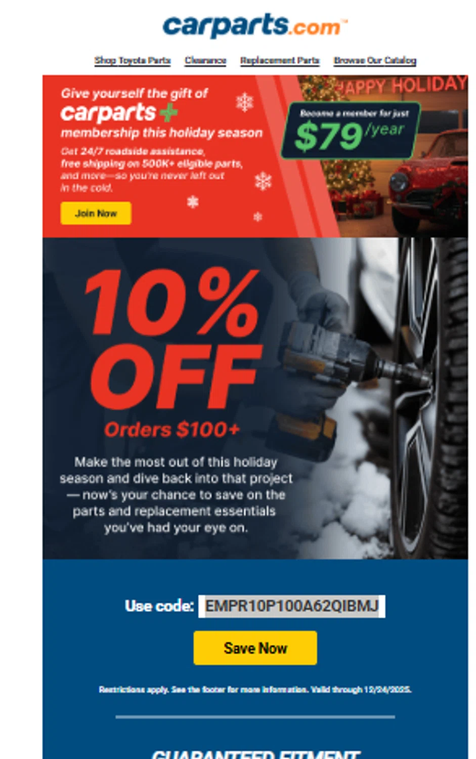 Carparts JC Whitney promo code screenshot showing code EMPR10P100A62QIBMJ applied at Carparts JC Whitney checkout page. Uploaded by SimplyCodes community member DORIANGEL on Dec 22, 2025