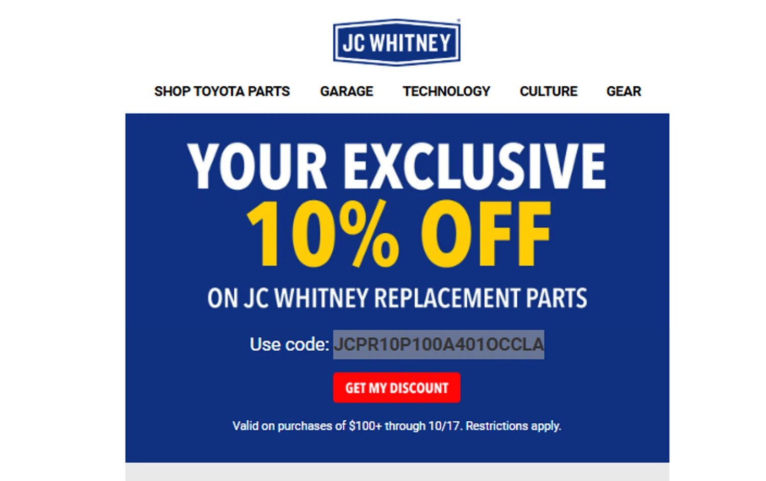 Carparts JC Whitney promo code screenshot showing code JCPR10P100A401OCCLA applied at Carparts JC Whitney checkout page. Uploaded by SimplyCodes community member Aressss on Oct 15, 2025