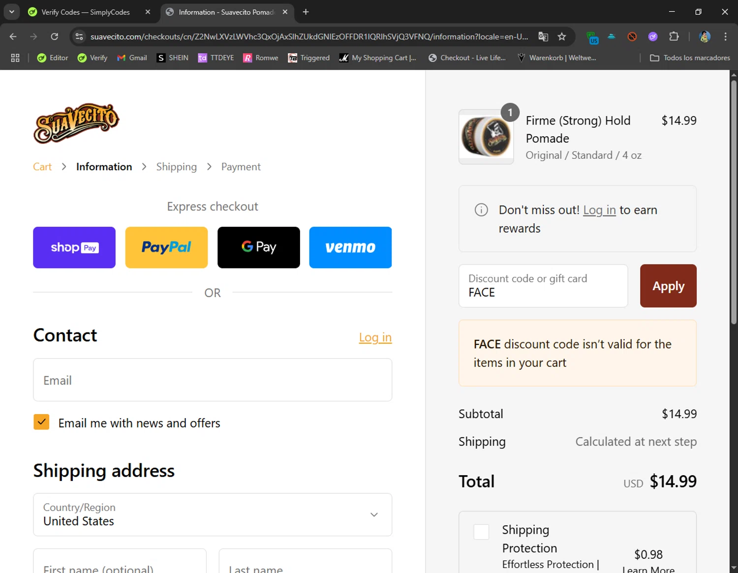 Suavecito discount code screenshot showing code FACE applied at Suavecito checkout page. Uploaded by SimplyCodes community member CoolMcCool on Jun 17, 2025