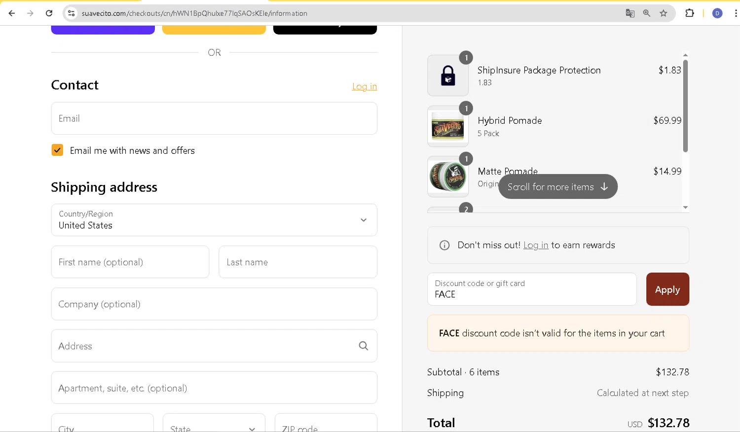 Suavecito discount code screenshot showing code FACE applied at Suavecito checkout page. Uploaded by SimplyCodes community member d566ty on Jul 29, 2025