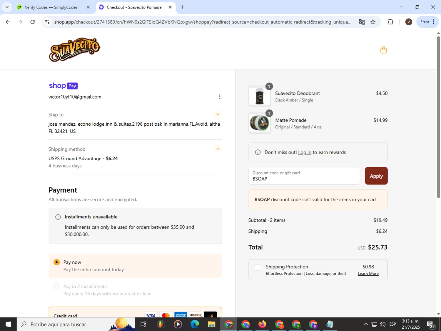 Suavecito discount code screenshot showing code BSOAP applied at Suavecito checkout page. Uploaded by SimplyCodes community member CashLion3448 on Jul 21, 2025