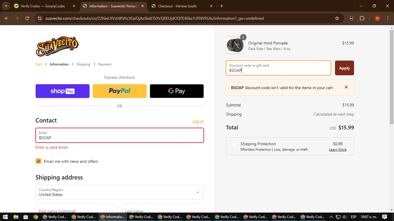Suavecito discount code screenshot showing code BSOAP applied at Suavecito checkout page. Uploaded by SimplyCodes community member MagnificentScout194 on Jan 2, 2025