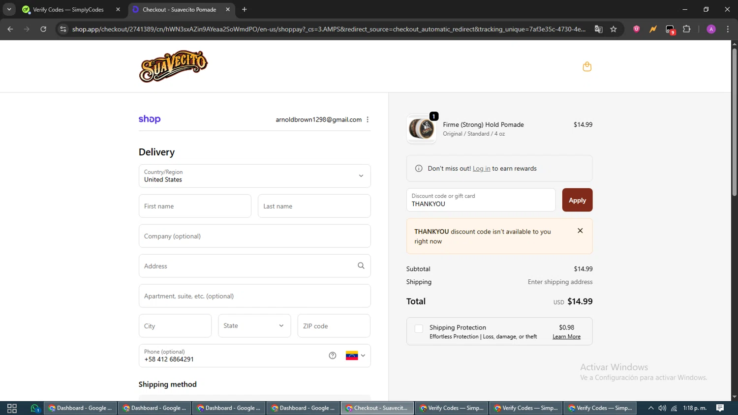 Suavecito discount code screenshot showing code THANKYOU applied at Suavecito checkout page. Uploaded by SimplyCodes community member CouponScout5403 on Oct 8, 2025