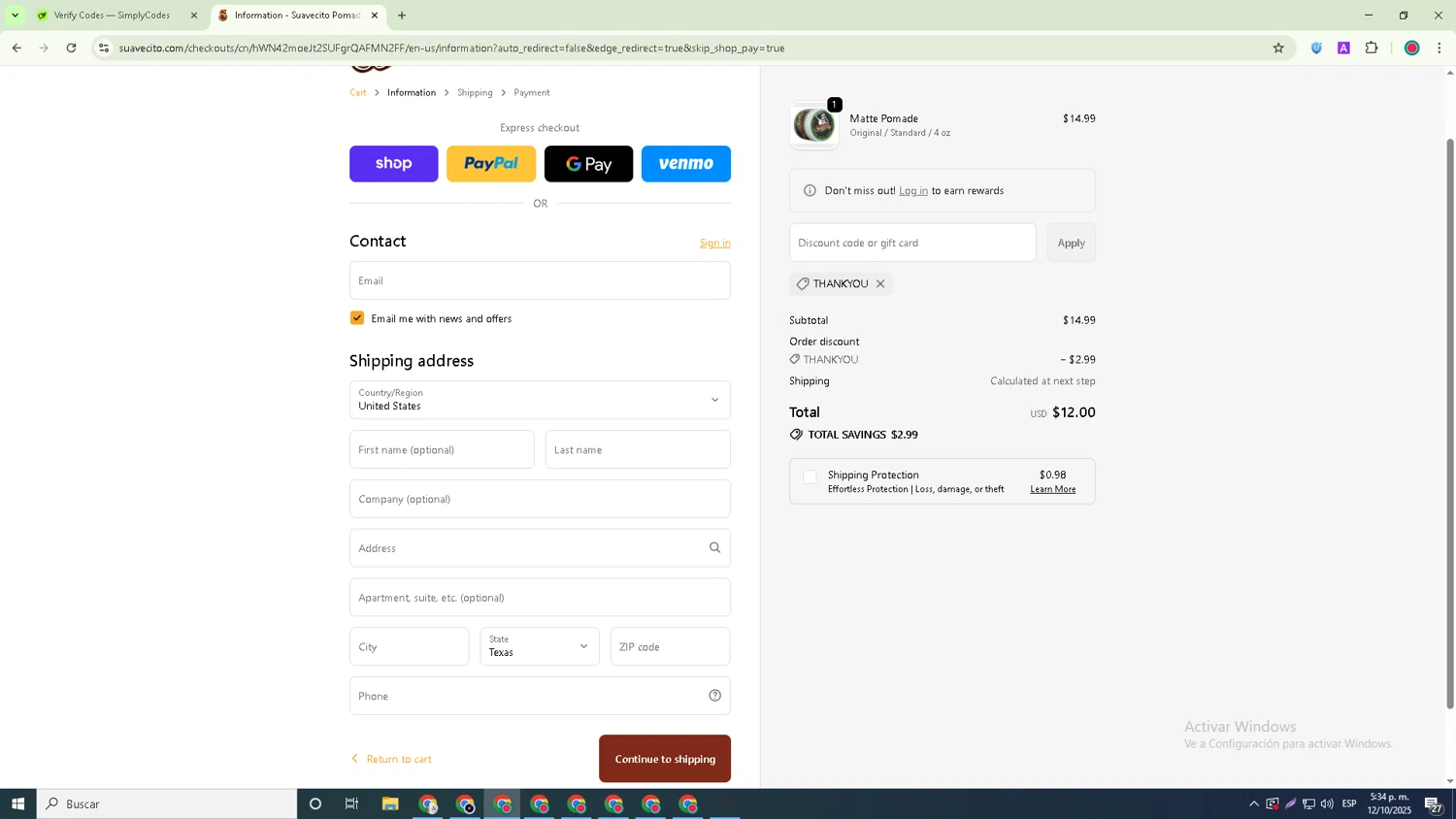 Suavecito discount code screenshot showing code THANKYOU applied at Suavecito checkout page. Uploaded by SimplyCodes community member Joseph_Davis on Oct 12, 2025