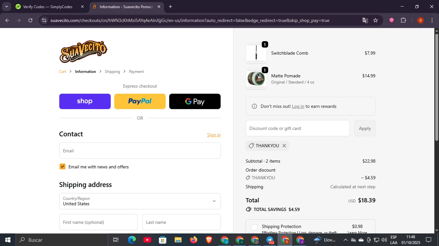 Suavecito discount code screenshot showing code THANKYOU applied at Suavecito checkout page. Uploaded by SimplyCodes community member Scottcawthon on Oct 1, 2025