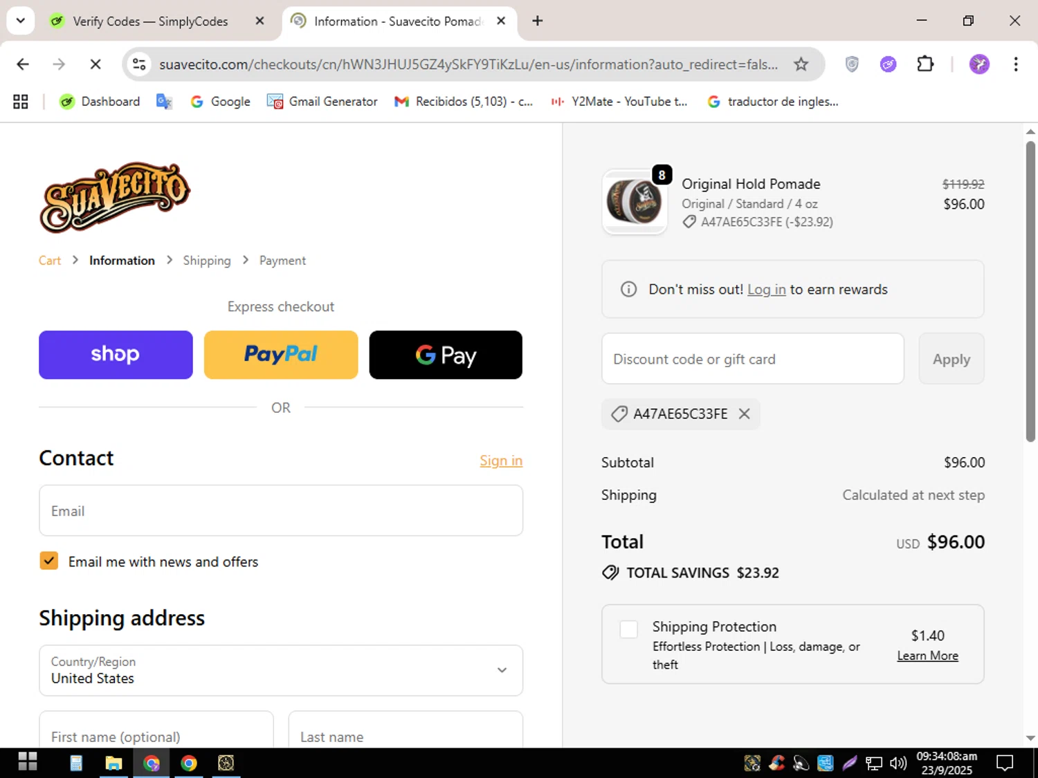 Suavecito discount code screenshot showing code A47AE65C33FE applied at Suavecito checkout page. Uploaded by SimplyCodes community member CouponSentinel5832 on Sep 23, 2025