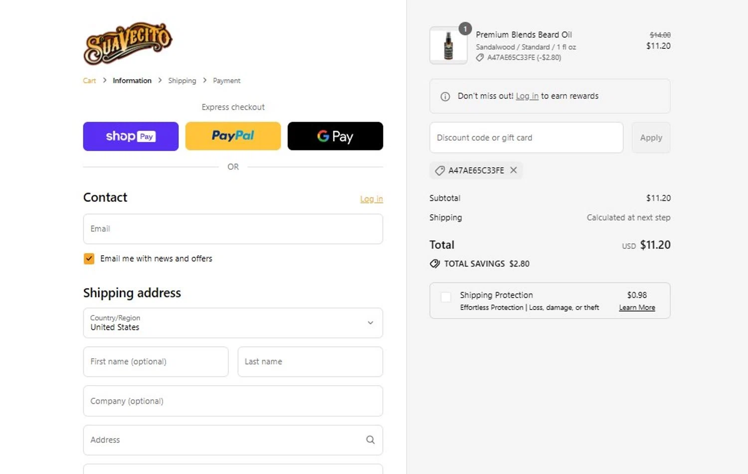 Suavecito discount code screenshot showing code A47AE65C33FE applied at Suavecito checkout page. Uploaded by SimplyCodes community member PennyHero5335 on Jul 29, 2025