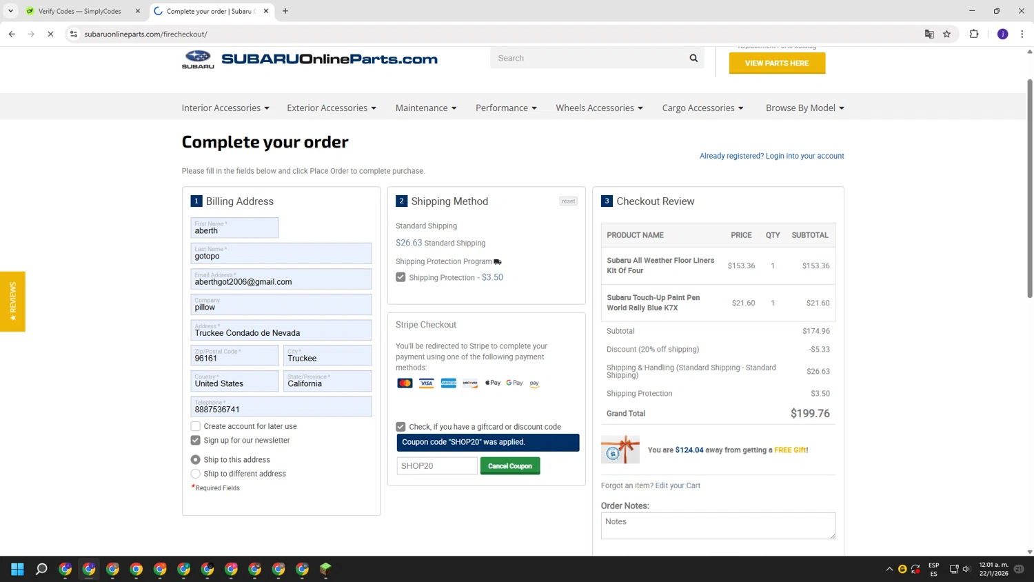 Subaru Online Parts discount code screenshot showing code SHOP20 applied at Subaru Online Parts checkout page. Uploaded by SimplyCodes community member simplycodesssss on Jan 22, 2026