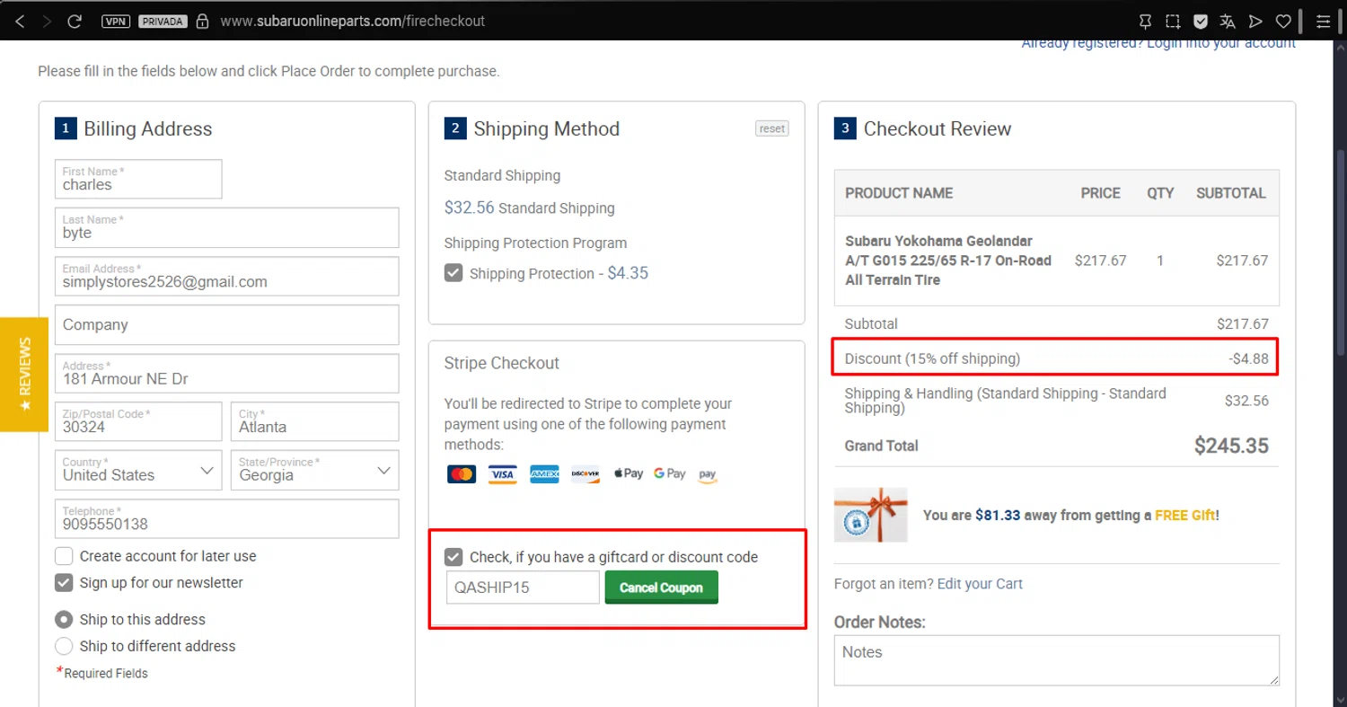 Subaru Online Parts discount code screenshot showing code QASHIP15 applied at Subaru Online Parts checkout page. Uploaded by SimplyCodes community member ArgoByte on Nov 24, 2025
