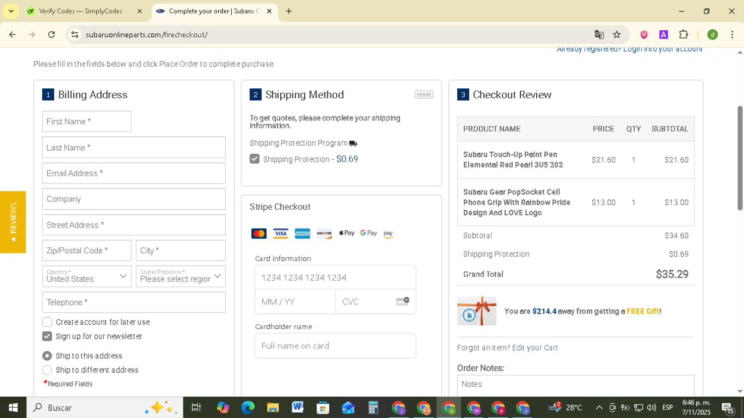 Subaru Online Parts discount code screenshot showing code QASHIP15 applied at Subaru Online Parts checkout page. Uploaded by SimplyCodes community member SavingsSentinel833 on Nov 7, 2025