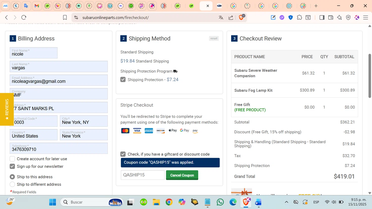 Subaru Online Parts discount code screenshot showing code QASHIP15 applied at Subaru Online Parts checkout page. Uploaded by SimplyCodes community member cosita on Nov 16, 2025