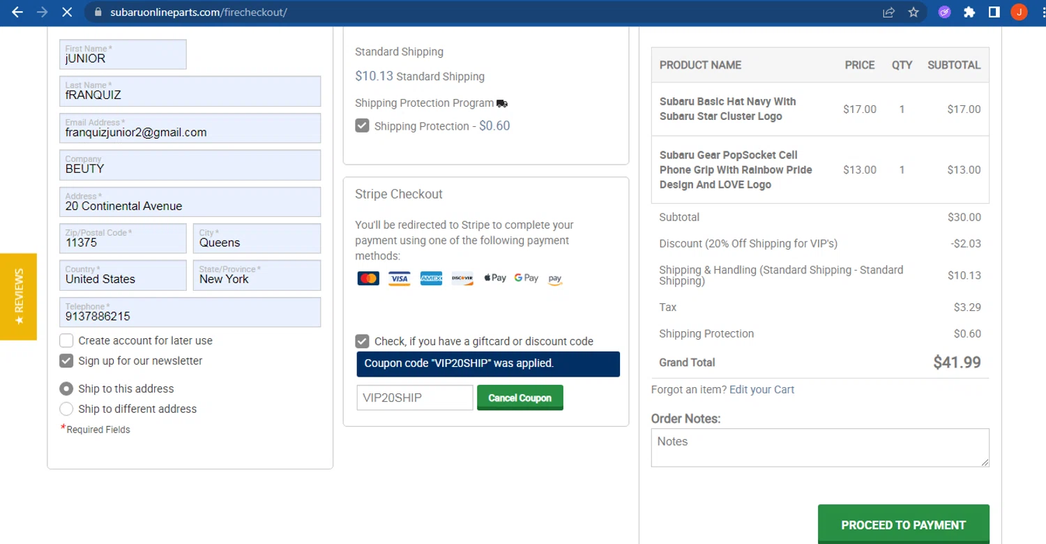 Subaru Online Parts discount code screenshot showing code VIP20SHIP applied at Subaru Online Parts checkout page. Uploaded by SimplyCodes community member FranquizJoel on Sep 22, 2025