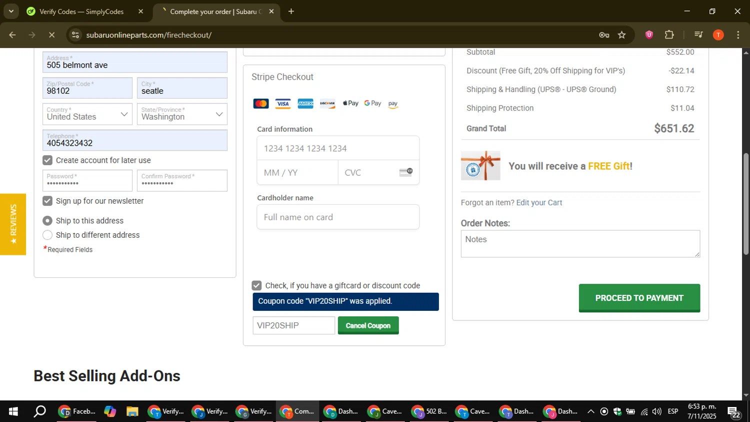 Subaru Online Parts discount code screenshot showing code VIP20SHIP applied at Subaru Online Parts checkout page. Uploaded by SimplyCodes community member ShrewdAce8338 on Nov 7, 2025