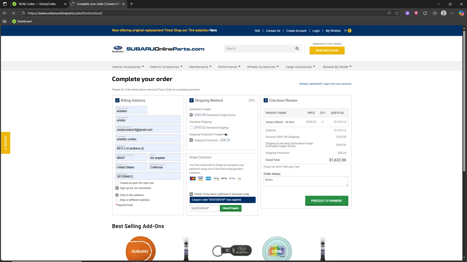 Subaru Online Parts discount code screenshot showing code SAVE50SHIP applied at Subaru Online Parts checkout page. Uploaded by SimplyCodes community member Akatsuki on Oct 8, 2025