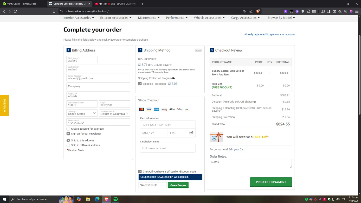 Subaru Online Parts discount code screenshot showing code SAVE50SHIP applied at Subaru Online Parts checkout page. Uploaded by SimplyCodes community member Tragedy on Nov 7, 2025