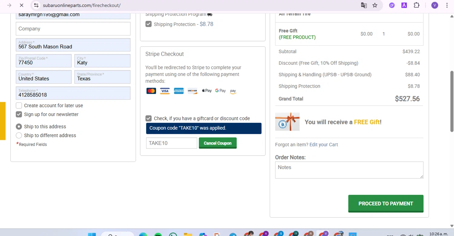 Subaru Online Parts checkout page showing Subaru Online Parts discount code box | Screenshot taken by SimplyCodes community member on Jan 23, 2026