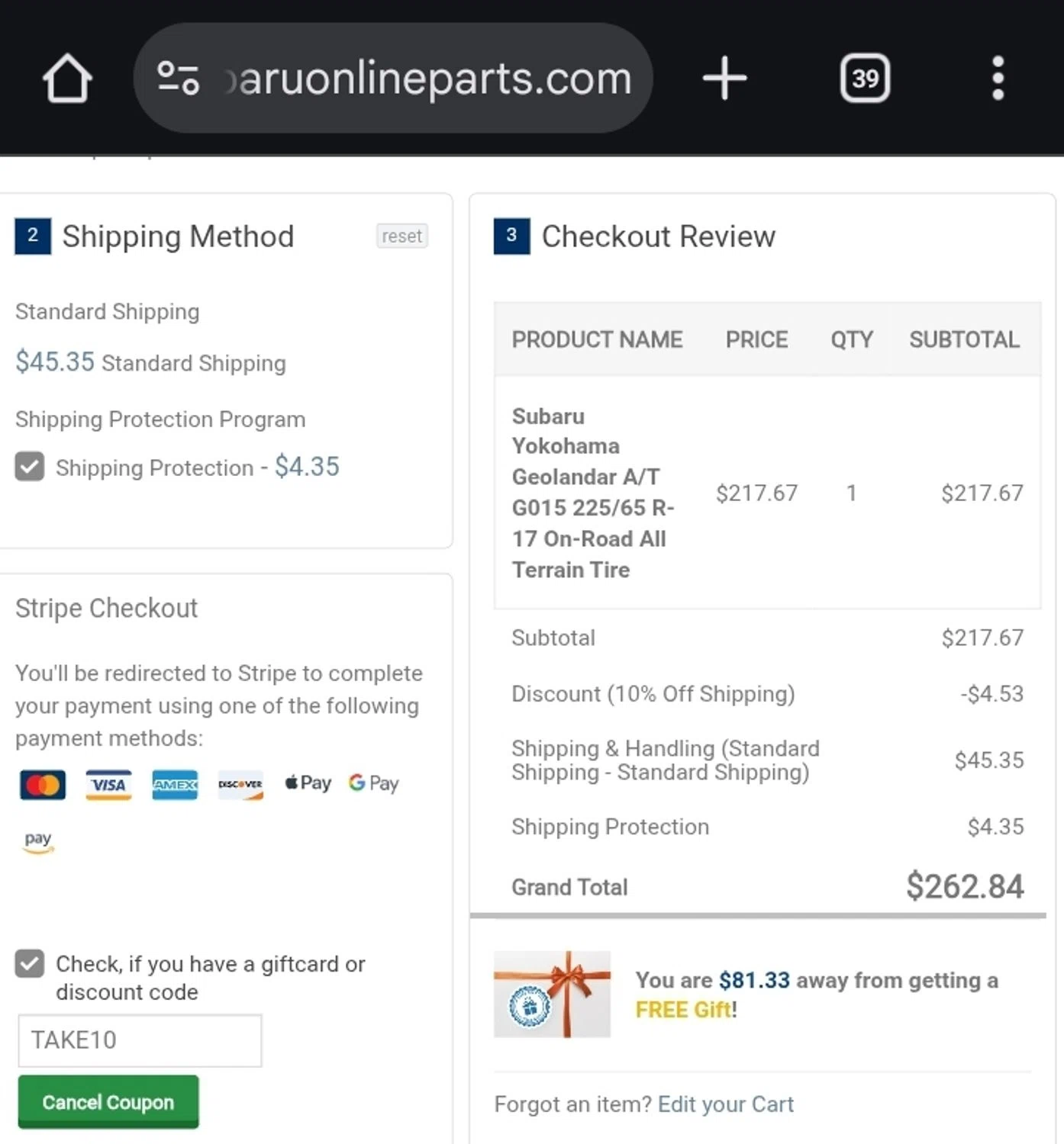 Subaru Online Parts discount code screenshot showing code TAKE10 applied at Subaru Online Parts checkout page. Uploaded by SimplyCodes community member ValiantCurator3344 on Dec 25, 2025