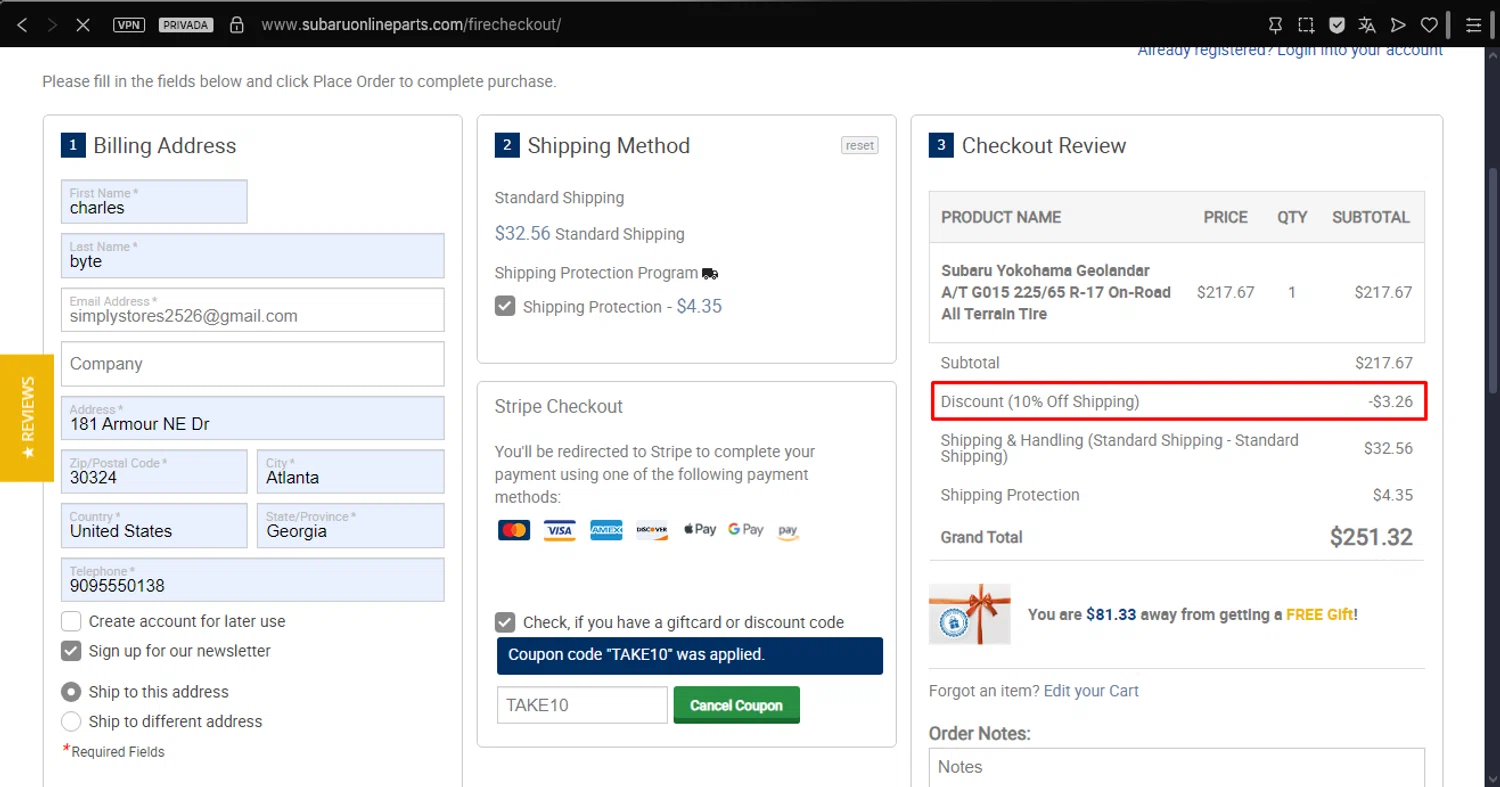 Subaru Online Parts discount code screenshot showing code TAKE10 applied at Subaru Online Parts checkout page. Uploaded by SimplyCodes community member ArgoByte on Nov 26, 2025