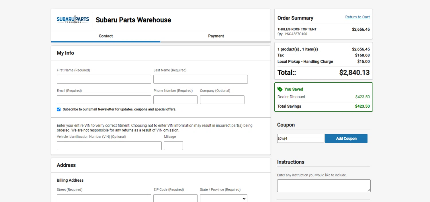 Subaru Parts Warehouse checkout page showing Subaru Parts Warehouse promo code box | Screenshot taken by SimplyCodes community member on Dec 21, 2023