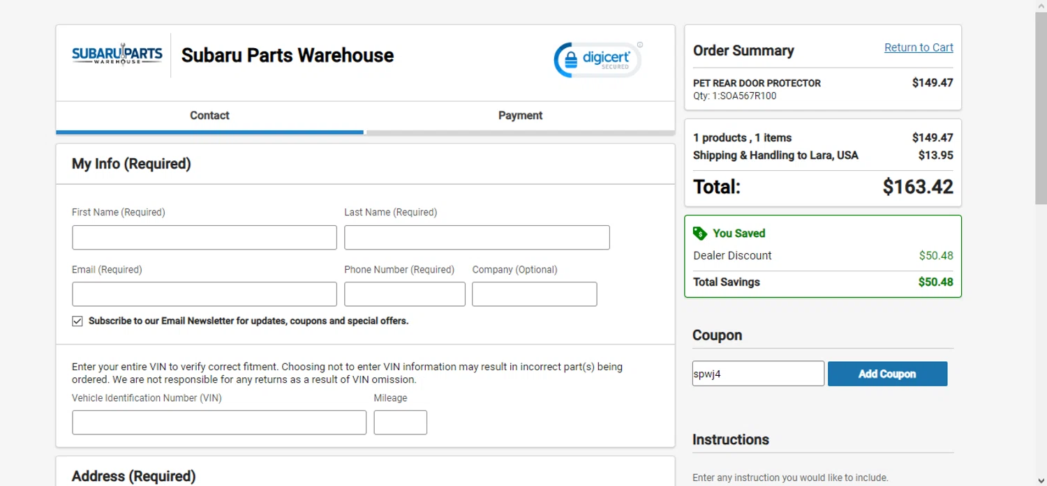 Subaru Parts Warehouse checkout page showing Subaru Parts Warehouse promo code box | Screenshot taken by SimplyCodes community member on Oct 11, 2023