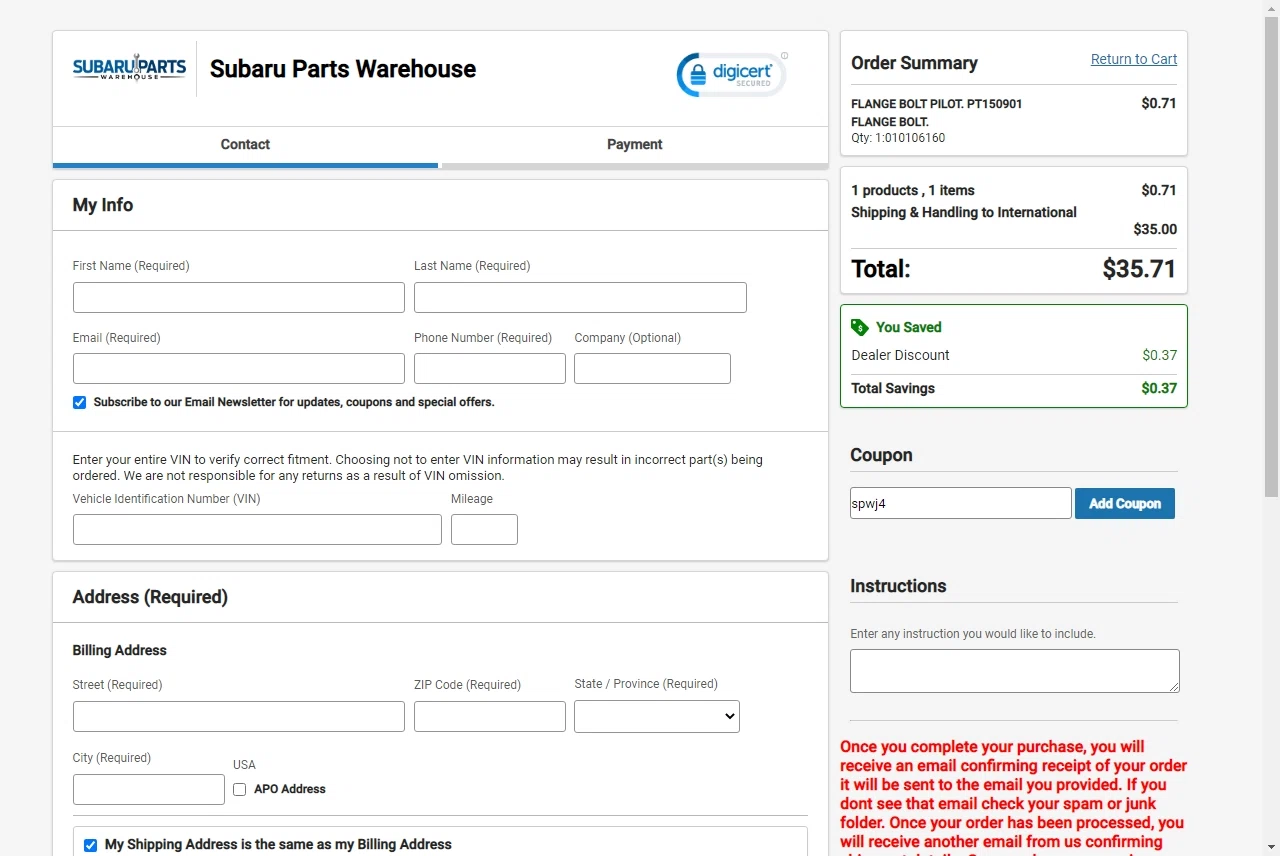 Subaru Parts Warehouse checkout page showing Subaru Parts Warehouse promo code box | Screenshot taken by SimplyCodes community member on Dec 6, 2022
