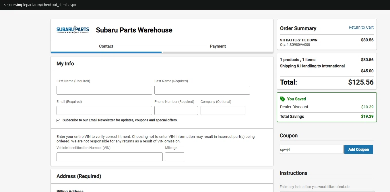 Subaru Parts Warehouse checkout page showing Subaru Parts Warehouse promo code box | Screenshot taken by SimplyCodes community member on Feb 9, 2023