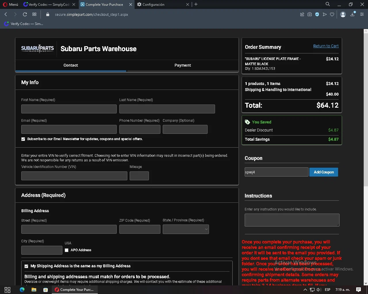 Subaru Parts Warehouse checkout page showing Subaru Parts Warehouse promo code box | Screenshot taken by SimplyCodes community member on Jan 11, 2023