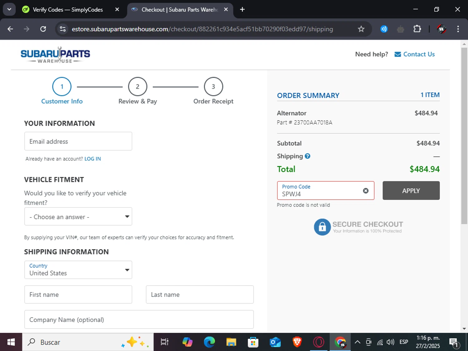 Subaru Parts Warehouse promo code screenshot showing code spwj4 applied at Subaru Parts Warehouse checkout page. Uploaded by SimplyCodes community member TreasureAdmiral6867 on Feb 27, 2025