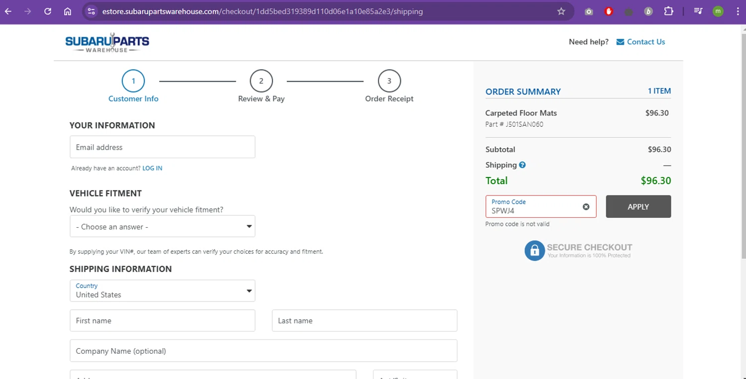 Subaru Parts Warehouse promo code screenshot showing code spwj4 applied at Subaru Parts Warehouse checkout page. Uploaded by SimplyCodes community member eduardolopez on Feb 27, 2025