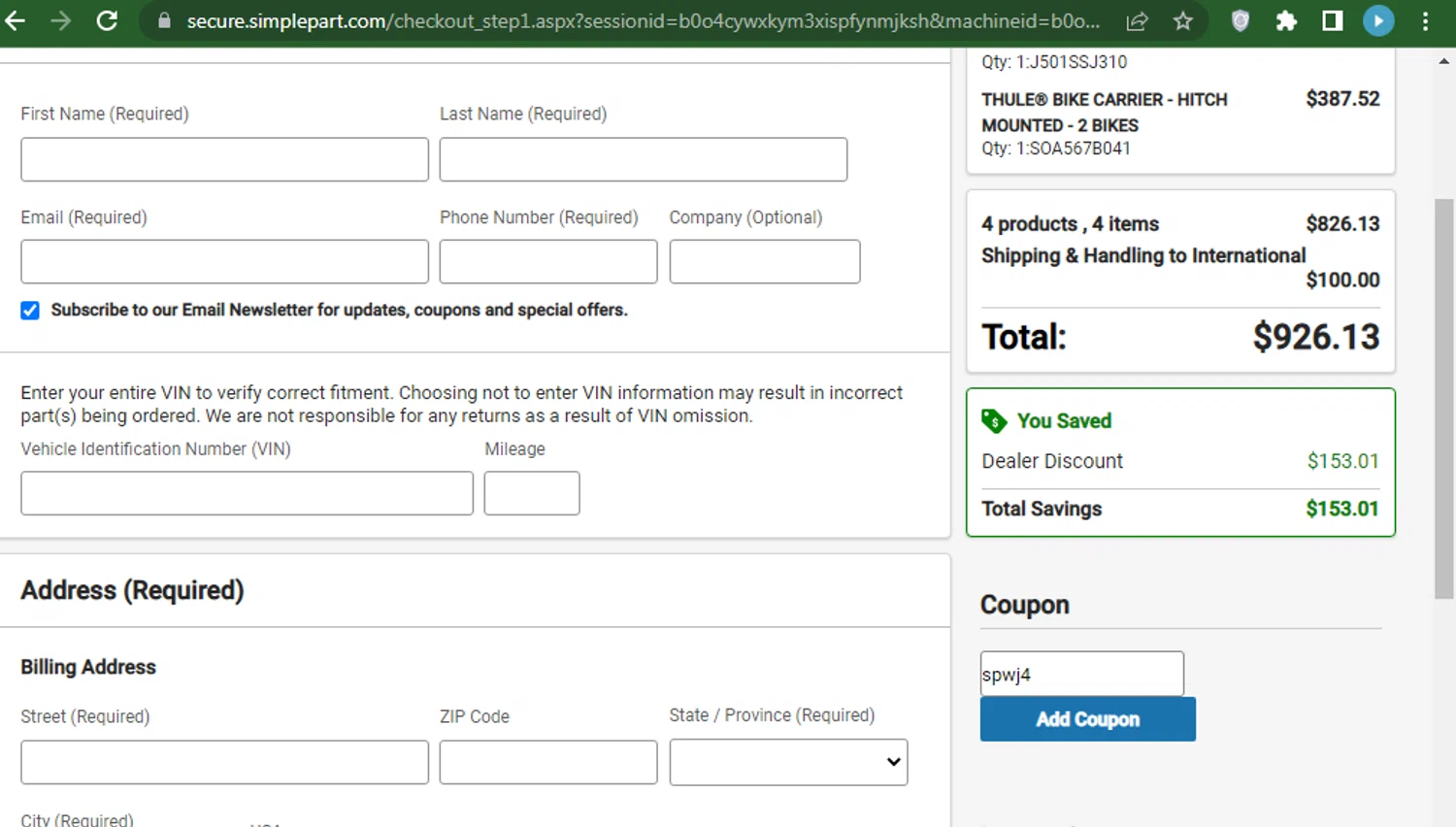 Subaru Parts Warehouse checkout page showing Subaru Parts Warehouse promo code box | Screenshot taken by SimplyCodes community member on Oct 24, 2023