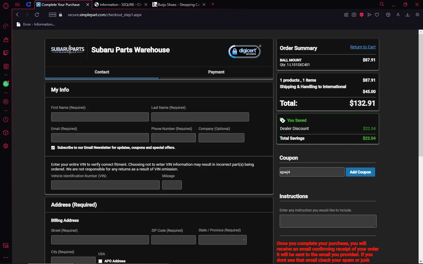 Subaru Parts Warehouse checkout page showing Subaru Parts Warehouse promo code box | Screenshot taken by SimplyCodes community member on Feb 25, 2023