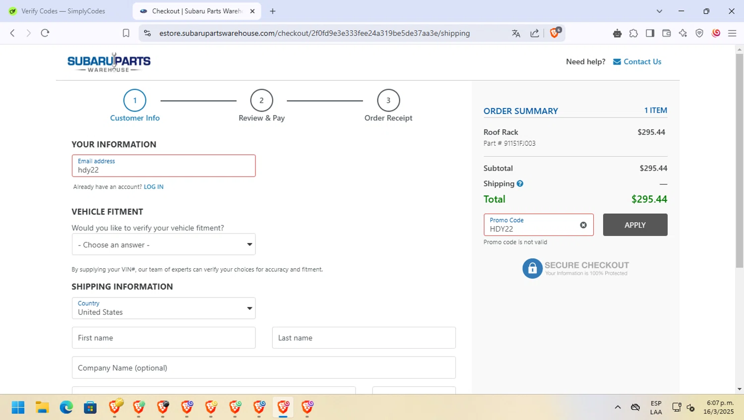 Subaru Parts Warehouse promo code screenshot showing code hdy22 applied at Subaru Parts Warehouse checkout page. Uploaded by SimplyCodes community member BlueBerry on Mar 16, 2025