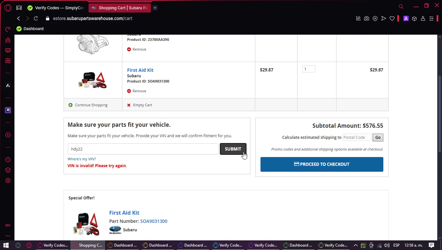 Subaru Parts Warehouse promo code screenshot showing code hdy22 applied at Subaru Parts Warehouse checkout page. Uploaded by SimplyCodes community member VictoriousTracker939 on Mar 16, 2025