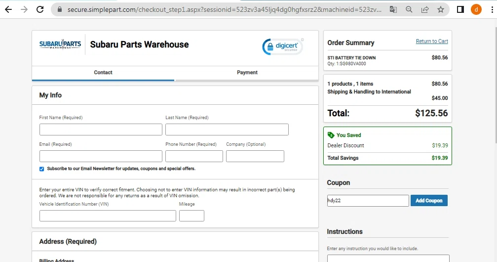 Subaru Parts Warehouse checkout page showing Subaru Parts Warehouse promo code box | Screenshot taken by SimplyCodes community member on Jan 17, 2023