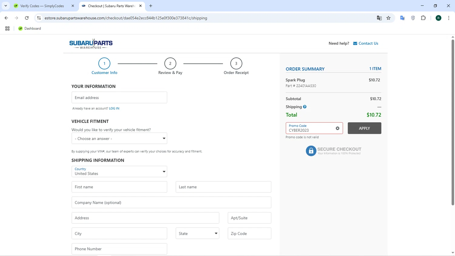 Subaru Parts Warehouse promo code screenshot showing code Cyber2023 applied at Subaru Parts Warehouse checkout page. Uploaded by SimplyCodes community member Coneflavols on Mar 15, 2025