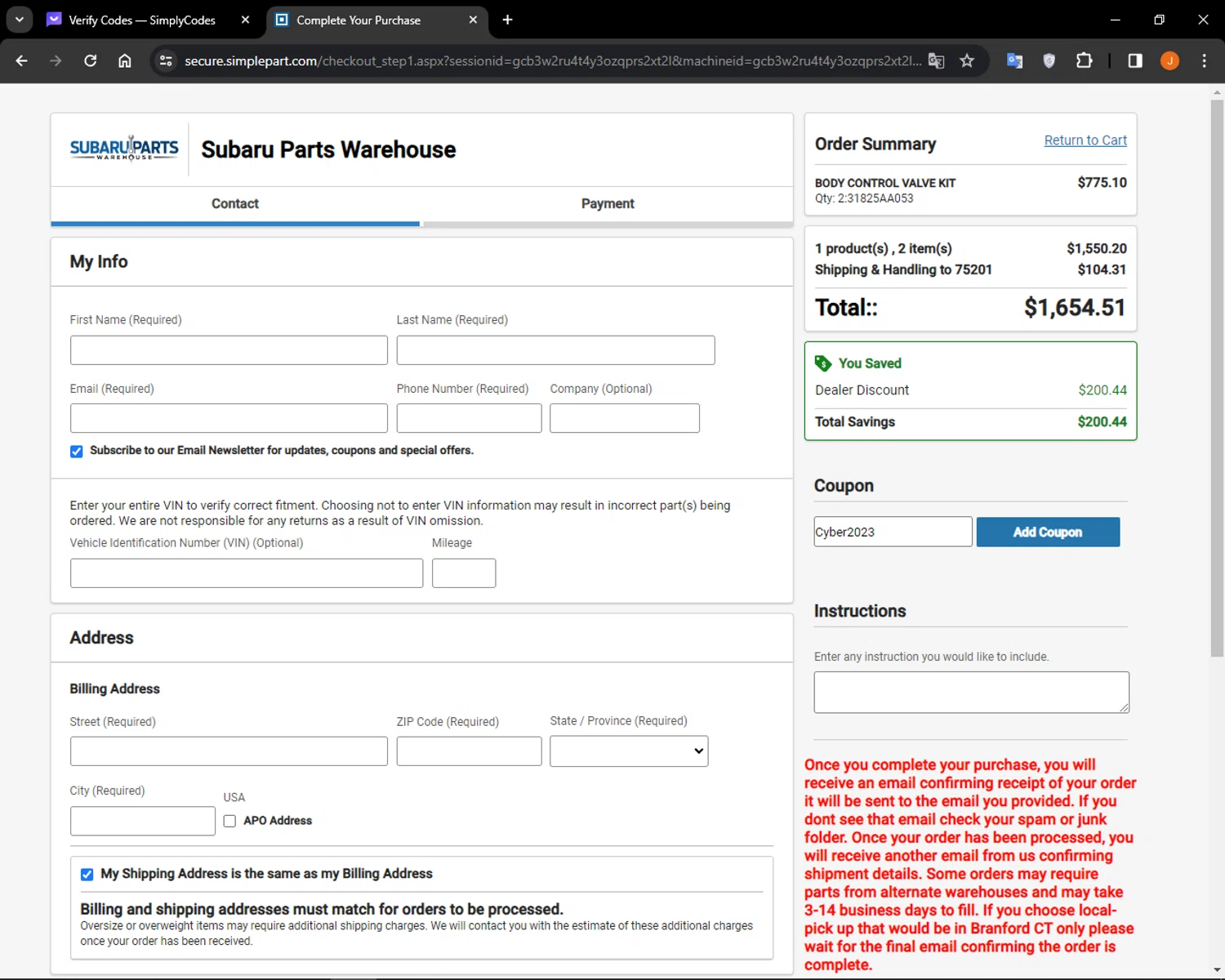 Subaru Parts Warehouse checkout page showing Subaru Parts Warehouse promo code box | Screenshot taken by SimplyCodes community member on Dec 14, 2023