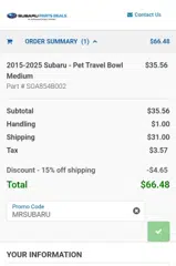 Subaru Parts Deals coupon verification screenshot