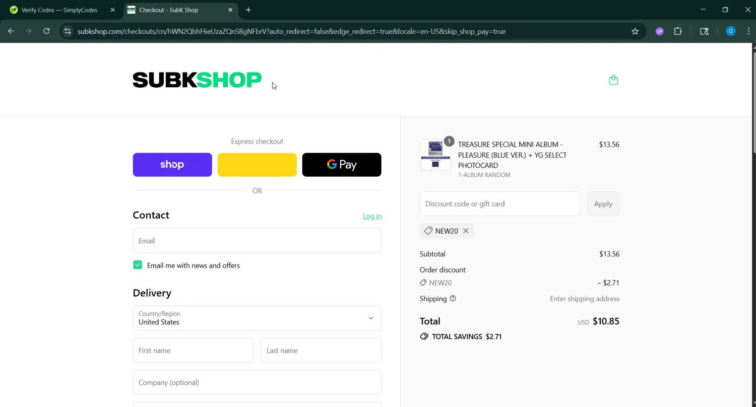 SubK Shop discount code screenshot showing code NEW20 applied at SubK Shop checkout page. Uploaded by SimplyCodes community member _____________ on Aug 31, 2025