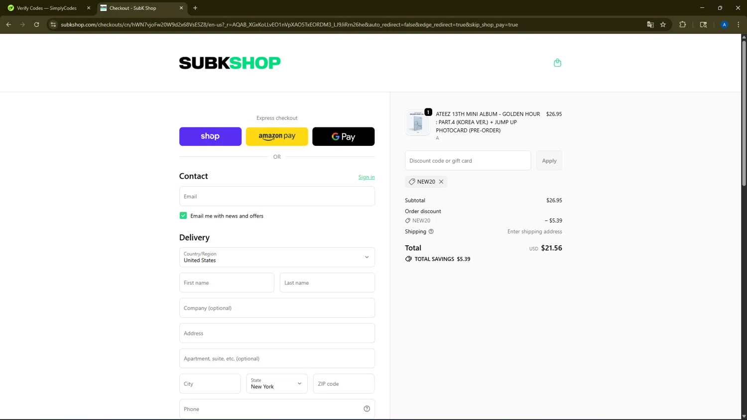SubK Shop checkout page showing SubK Shop discount code box | Screenshot taken by SimplyCodes community member on Jan 23, 2026