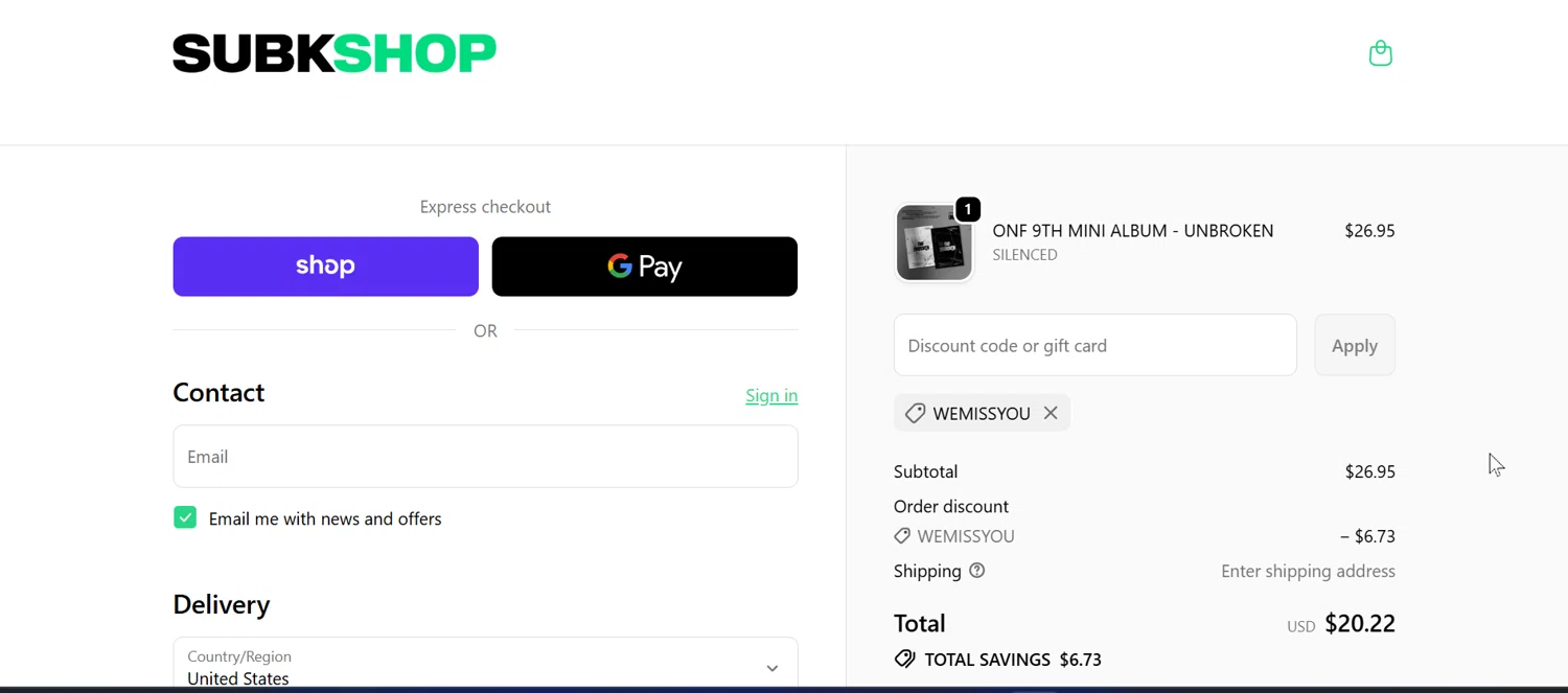 SubK Shop discount code screenshot showing code WEMISSYOU applied at SubK Shop checkout page. Uploaded by SimplyCodes community member Bope_________ on Nov 30, 2025