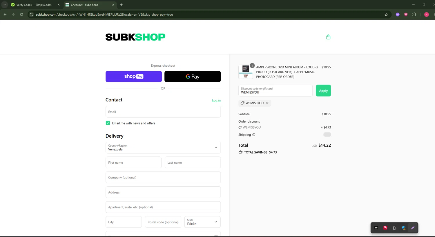 SubK Shop discount code screenshot showing code WEMISSYOU applied at SubK Shop checkout page. Uploaded by SimplyCodes community member CouponSage7331 on Aug 1, 2025