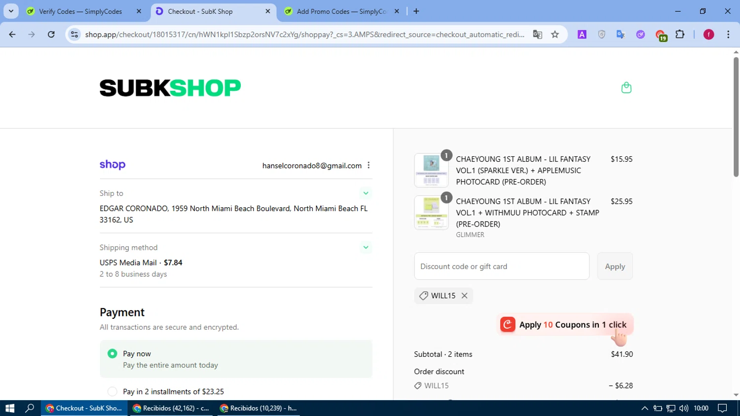 SubK Shop discount code screenshot showing code WILL15 applied at SubK Shop checkout page. Uploaded by SimplyCodes community member fausguillermo on Aug 13, 2025