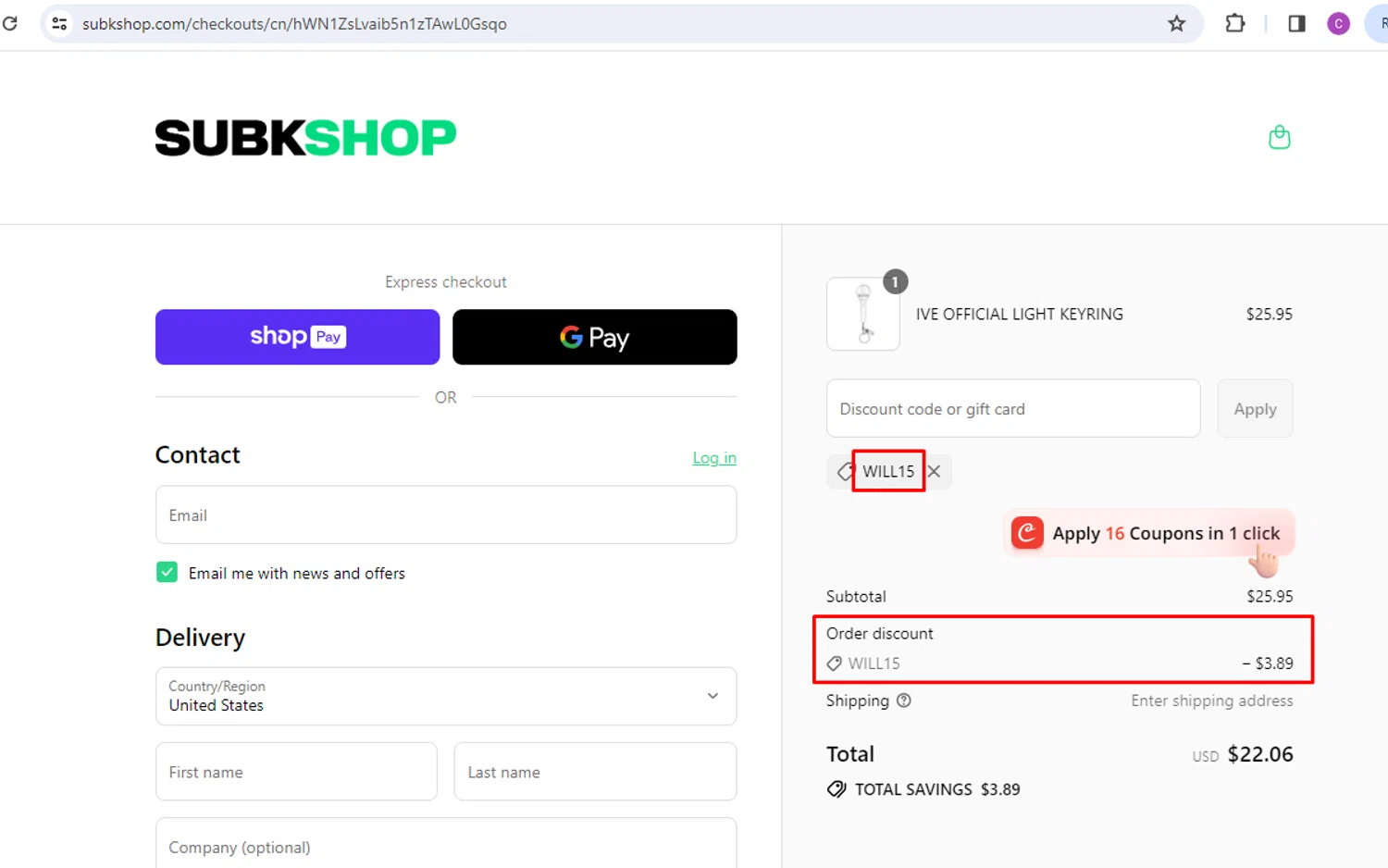 SubK Shop discount code screenshot showing code WILL15 applied at SubK Shop checkout page. Uploaded by SimplyCodes community member nileskamarcano on Aug 8, 2025