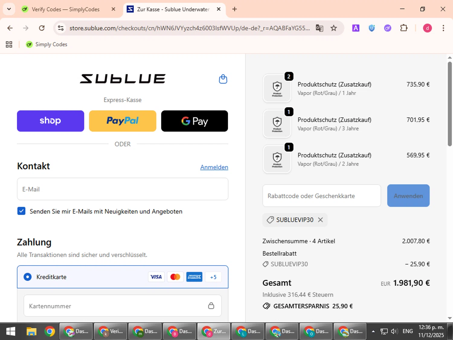 Sublue Official Store promo code screenshot showing code SUBLUEVIP30 applied at Sublue Official Store checkout page. Uploaded by SimplyCodes community member BudgetVoyager5452 on Dec 11, 2025
