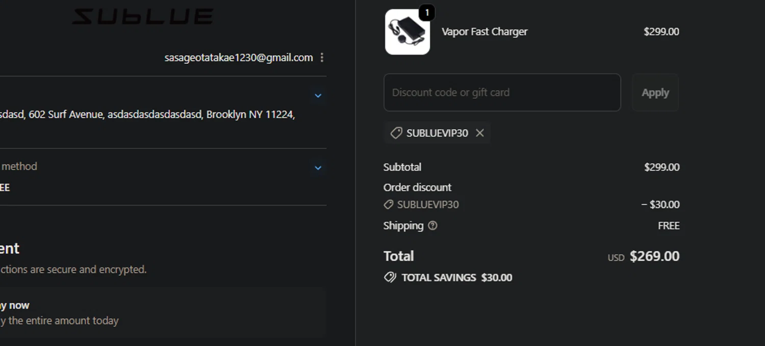 Sublue Official Store promo code screenshot showing code SUBLUEVIP30 applied at Sublue Official Store checkout page. Uploaded by SimplyCodes community member jaimitoalcachofa on Nov 3, 2025