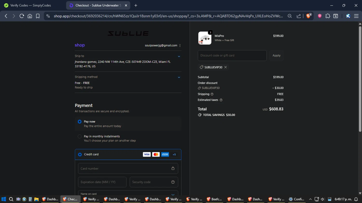 Sublue Official Store promo code screenshot showing code SUBLUEVIP30 applied at Sublue Official Store checkout page. Uploaded by SimplyCodes community member verifier_983798000 on Dec 5, 2025